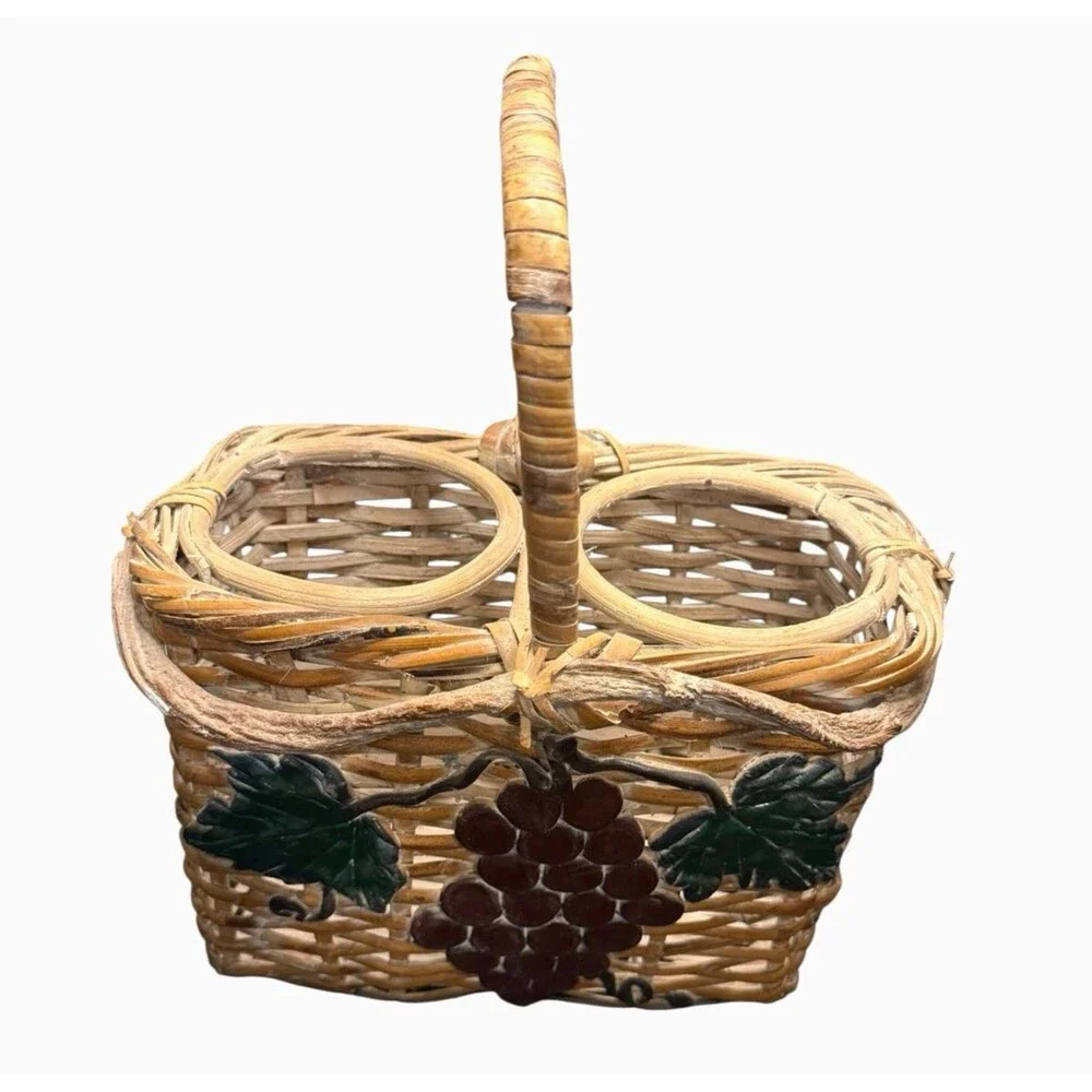 Vintage Wine Wicker Rattan Woven Basket Bottle Holder Grape Branch Very Unique